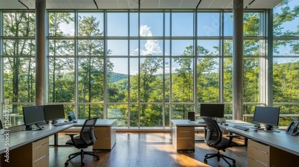 Fototapeta Modern workspace featuring open desks, creative breakout areas, and floor-to-ceiling windows overlooking nature