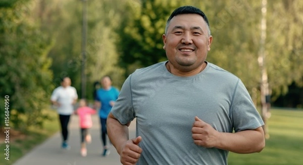 Fototapeta Asian middle-aged man jogging in park with family in the background