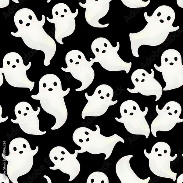 Fototapeta Ghostly Fun: Adorable white ghosts float on a black background, creating a spooky, yet playful pattern perfect for Halloween decorations, festive crafts, and whimsical designs. 