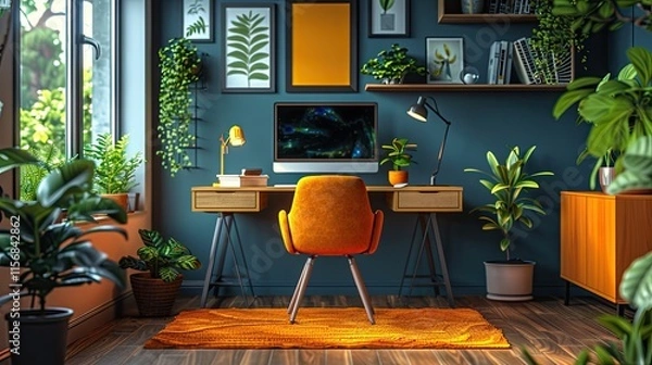 Fototapeta flat design, illustration, The Happy Home Office: Transforming a space at home into the perfect workspace