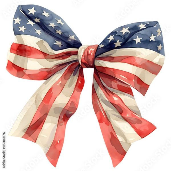 Fototapeta Patriotic USA ribbon bow with stars and stripes. Watercolor clip art of American flag design in coquette style. Isolated clipart design element on transparent background