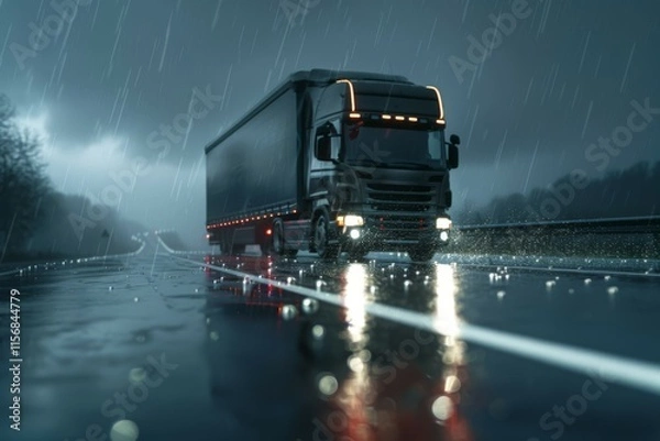 Fototapeta Rainy Night Drive on Highway with Lorry in Motion