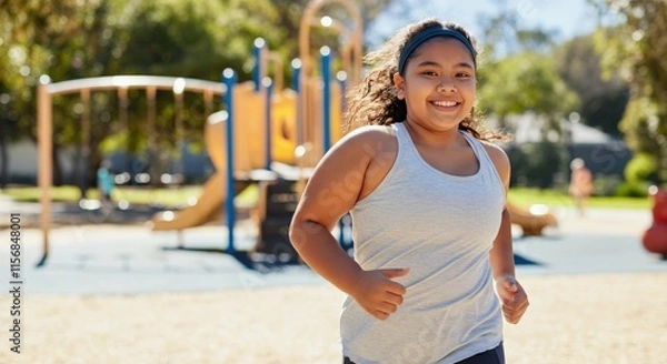 Fototapeta Young hispanic girl enjoying a run at the playground