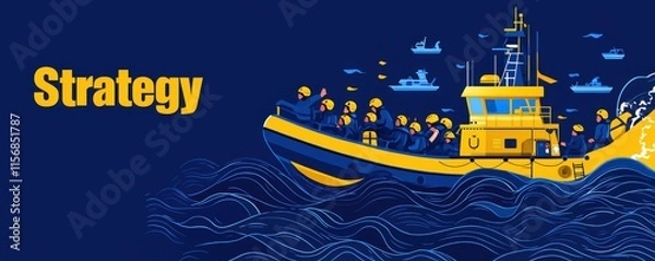 Obraz Crisis Management Concept Colorful illustration of a boat and the word "Strategy" on a blue background.