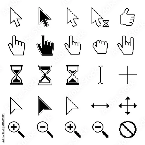 Obraz Different smooth and pixel mouse cursors vector set. Pixel cursor mouse, illustration arrow cursor