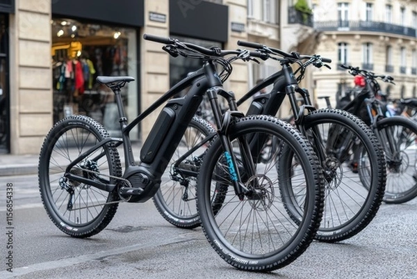 Fototapeta In London, two electric bikes are parked, demonstrating a sustainable and environmentally friendly means of transport. They rest against a building, embodying urban life, while the cobblestone street