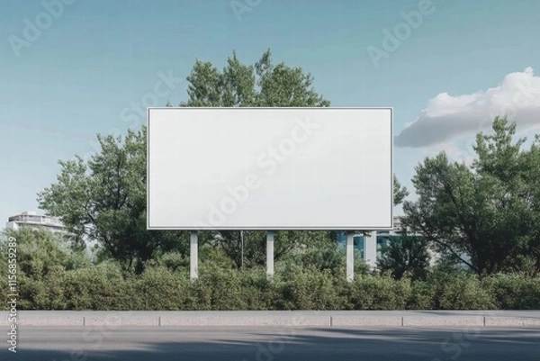 Fototapeta Blank Billboard Mockup:  A large, blank billboard stands beside a road, surrounded by lush green trees under a clear sky. Perfect for showcasing your designs. 