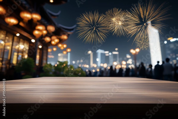 Fototapeta Celebrating chinese new year with an empty wooden table festive atmosphere fireworks night view and seasonal decor