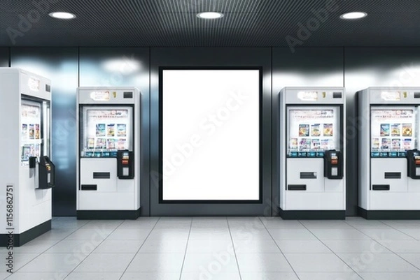 Fototapeta Blank Billboard in Modern Subway Station with Vending Machines 