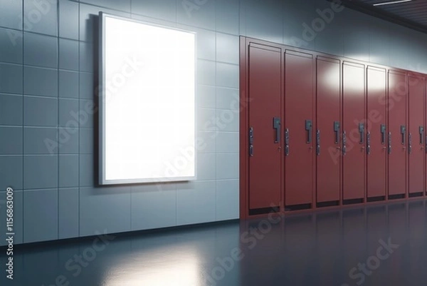 Fototapeta Blank Billboard in School Hallway: Modern school hallway with red lockers and a large blank billboard, perfect for your advertisement or design mockup.  