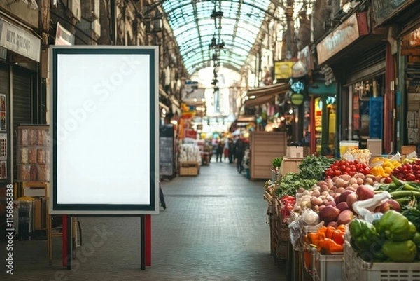Fototapeta Blank Billboard in a bustling market, creating a vibrant backdrop for your message.  