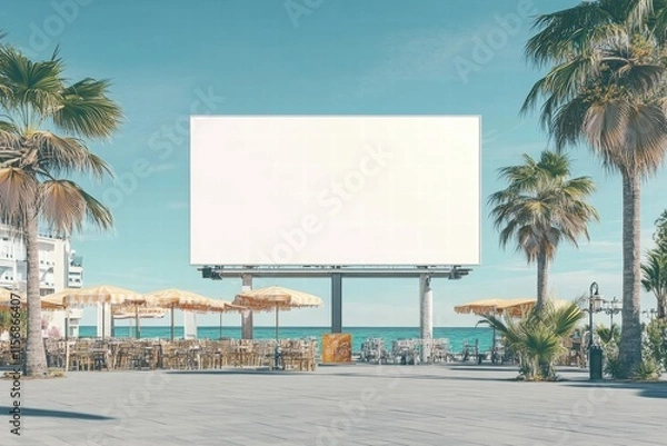 Fototapeta Beachfront Billboard Mockup:  A large blank billboard stands prominently on a sunny beach, surrounded by palm trees and a vibrant beach cafe, offering a stunning backdrop for your advertisement.
