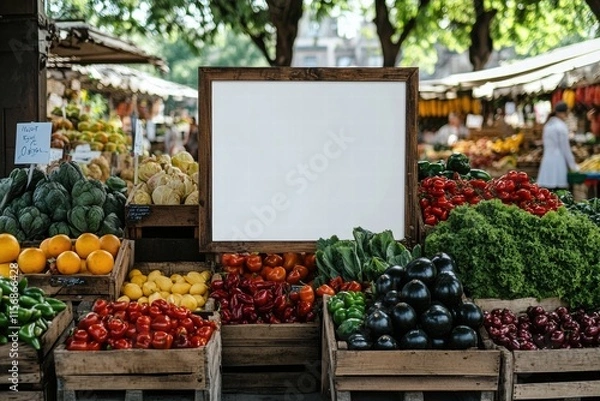 Fototapeta Fresh Produce Market Sign Mockup: A vibrant farmers market scene with a blank sign ready for your message. The image showcases an abundance of colorful fruits and vegetables.