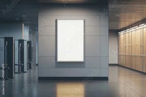 Fototapeta Blank Billboard Mockup in Modern Locker Room:  A sleek, vertical billboard mockup in a contemporary locker room setting, perfect for showcasing your designs.  The image offers a clean.