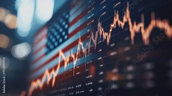 Fototapeta The iconic United States flag overlays a detailed financial performance graph, symbolizing the dynamic intersection of national identity and market fluctuations.