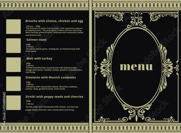 Obraz Cover design and page with space for a photo, description of dishes for restaurants, bars, cafes and other businesses
