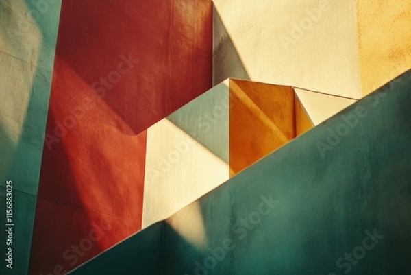 Fototapeta Abstract geometric composition with vibrant colors and shadows.