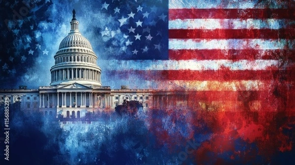Fototapeta An artistic rendering of the U.S. Capitol building with a textured and colorful overlay of the American flag, showcasing patriotism and architectural brilliance.