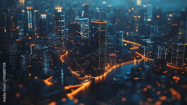 Fototapeta Smart digital Innovation city with connection network reciprocity over the cityscape. of future smart wireless digital city and social media networking systems that connects people with in city