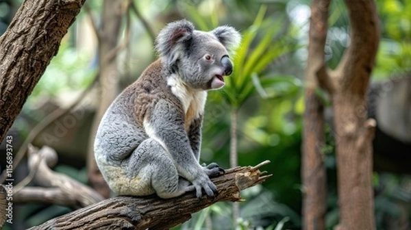 Obraz Koala sitting on tree branch in lush green forest.