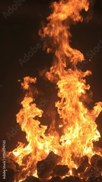 Fototapeta Fiery orange and yellow flames engulfing dark background, intense heat, fire, hot