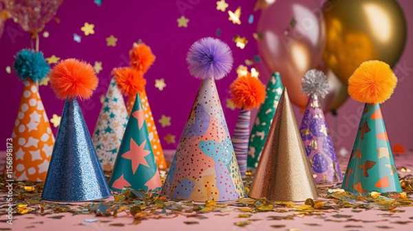 Fototapeta Colorful party hats with glittery designs and pom-poms arranged with confetti and balloons, creating a festive and cheerful birthday celebration vibe