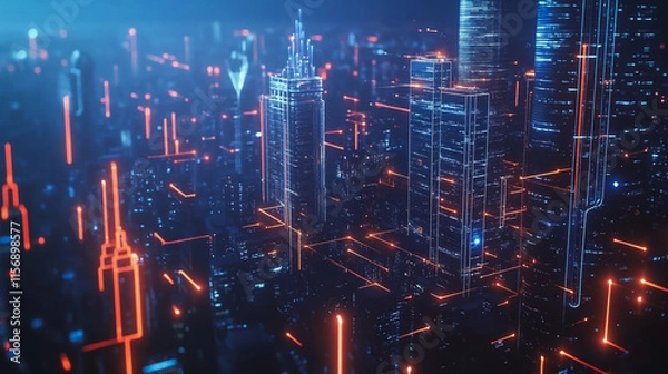 Fototapeta Smart digital Innovation city with connection network reciprocity over the cityscape. of future smart wireless digital city and social media networking systems that connects people with in city