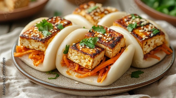 Fototapeta Plant-Based Bao Buns with Pan-Seared Tofu and Fresh Vegetables on Speckled Gray Plate