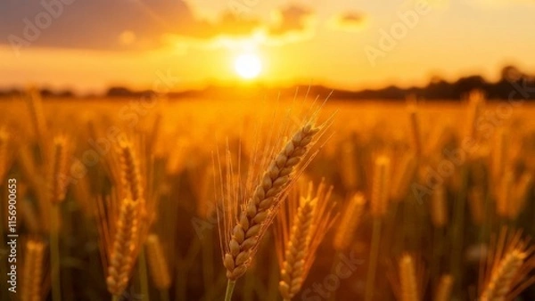 Fototapeta Wheat field at sunset in backlight.