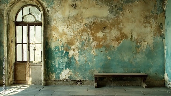 Obraz Aged Room Photo: A Beautifully Weathered Bench Rests Against a Decaying Wall. AI Generated