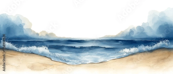 Fototapeta Serene Coastal Watercolor: Tranquil ocean waves gently lapping on a sandy shore, painted in calming shades of blue and beige.  A picturesque watercolor landscape perfect for relaxation and serenity. 