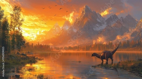 Fototapeta A serene landscape featuring a dinosaur by a lake during a vibrant sunset.