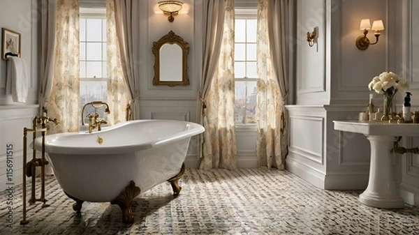 Obraz A large white bathtub with gold trim sits in a bathroom with white walls and a white sink. The room is decorated with curtains and a mirror, and there is a vase with flowers on a table