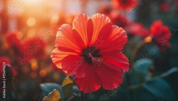 Fototapeta A red flower with a yellow center is in full bloom. The flower is surrounded by green leaves and is the center of attention in the image