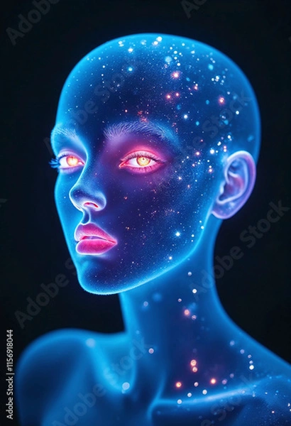 Fototapeta A woman's face is shown in a blue and purple color scheme with a starry background. The image has a futuristic and otherworldly feel to it, with the woman's face being the main focus
