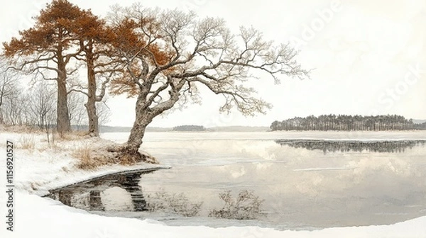 Fototapeta A serene winter landscape featuring trees by a frozen lake under a soft, cloudy sky.