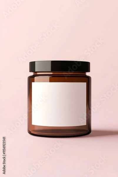 Fototapeta Photo of a blank label on the front, mockup style, for packaging design. In front is an amber glass candle jar with a black lid