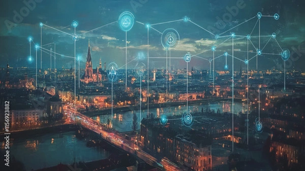 Fototapeta Smart digital Innovation city with connection network reciprocity over the cityscape. of future smart wireless digital city and social media networking systems that connects people with in city