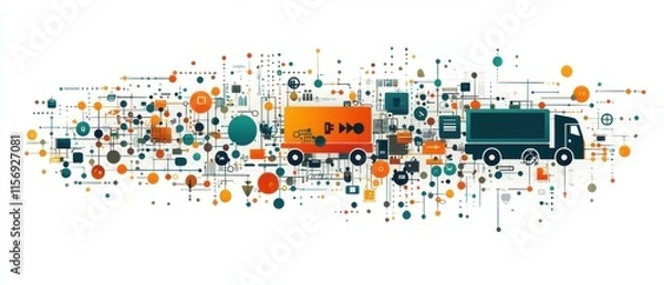 Obraz Colorful Graphic Abstract Illustration of Delivery Trucks and Icons