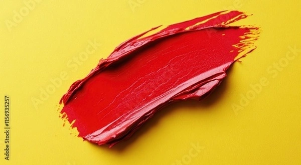 Fototapeta Red lipstick smudge isolated on a yellow background, studio shot