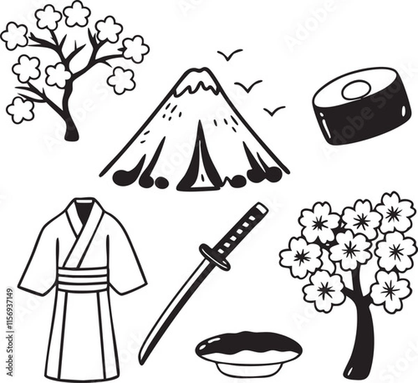 Obraz Fuji mountain sakura and sushi kimono bundle illustrations pack