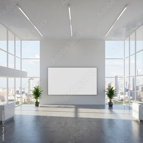 Obraz Modern exhibition hall interior with empty billboard, city view and daylight. Mock up, 3D Rendering