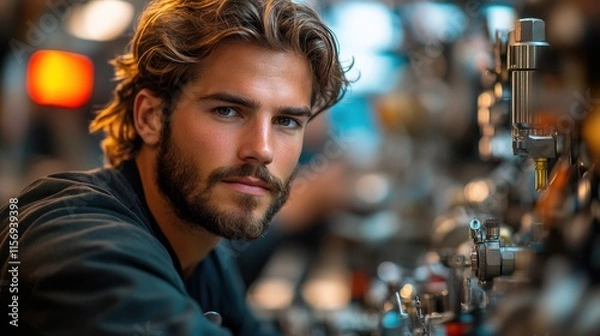 Fototapeta Portrait of a handsome young man with wavy hair and beard, working in an industrial setting.