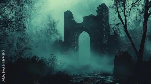 Fototapeta A Mystical Ruined Archway in a Foggy Forest