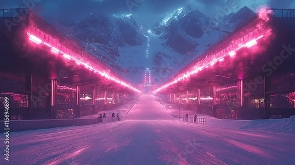 Fototapeta A futuristic ski resort with neon lights and snowy mountains in the background.