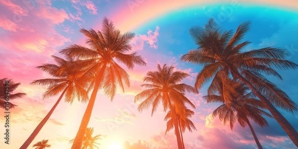 Fototapeta Tall Palm Trees Under a Vibrant Rainbow Sky