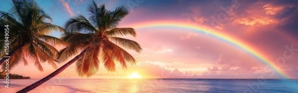 Fototapeta Tall Palm Trees Under a Vibrant Rainbow Sky