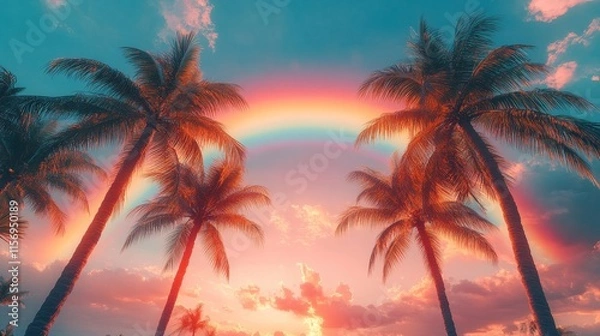 Fototapeta Tall Palm Trees Under a Vibrant Rainbow Sky