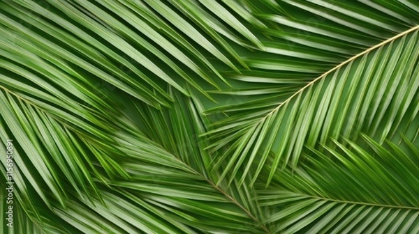 Fototapeta Detailed close-up of a green palm leaf highlights its unique textures and shadows, creating a soothing backdrop for various uses