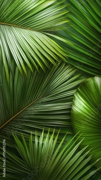 Fototapeta Detailed close-up of a green palm leaf highlights its unique textures and shadows, creating a soothing backdrop for various uses